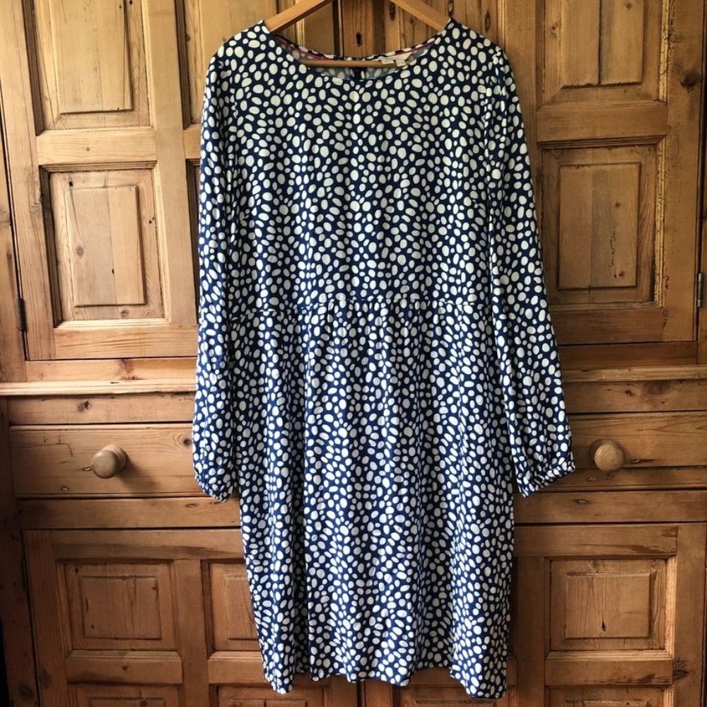Boden Navy and White Long Sleeve Polka Dot Dress